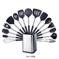 Silicone Kitchen Utensils Set with Stainless Steel Handles – Non-Stick Safe, Heat Resistant | Grey & Black | Available in 5 to 15-Piece Sets Black — 15 Piece Set with Holder