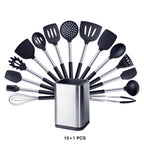 Silicone Kitchen Utensils Set with Stainless Steel Handles – Non-Stick Safe, Heat Resistant | Grey & Black | Available in 5 to 15-Piece Sets Black — 15 Piece Set with Holder