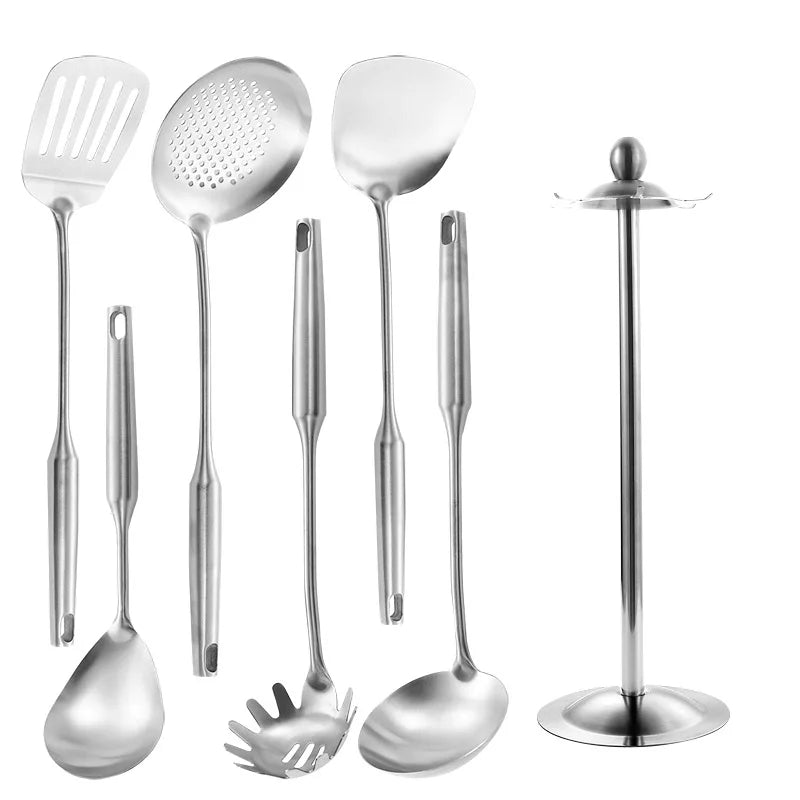 Stainless Steel Kitchen Utensils Set – Long 304 Stainless Steel Cooking Utensil Set, Includes Ladle, Whisk, Tongs, Spatula, Skimmer, Turner, Pasta Server & More, Heat-Resistant & Dishwasher Safe, Available in 3 Sizes 7 Pieces