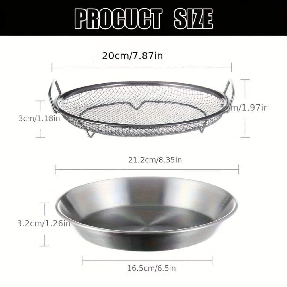 Multi-Use Round Stainless Steel Frying Oil Strainer/Drainer Mesh Rack with Elevated Handles and Drip Tray Set, 2-in-1 Mesh Basket & Tray Combo for Fried Foods, Chicken, Fries & Tempura, Strainer, Vegetable Washing & Baking Cooling 2PCS
