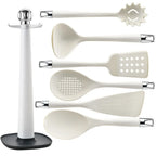 7-Piece Silicone Kitchen Utensils Set with 360° Rotating Countertop Holder – White silicone heads and handles with silver-tone stainless steel hanging hooks/end caps. Heat-Resistant, Dishwasher Safe