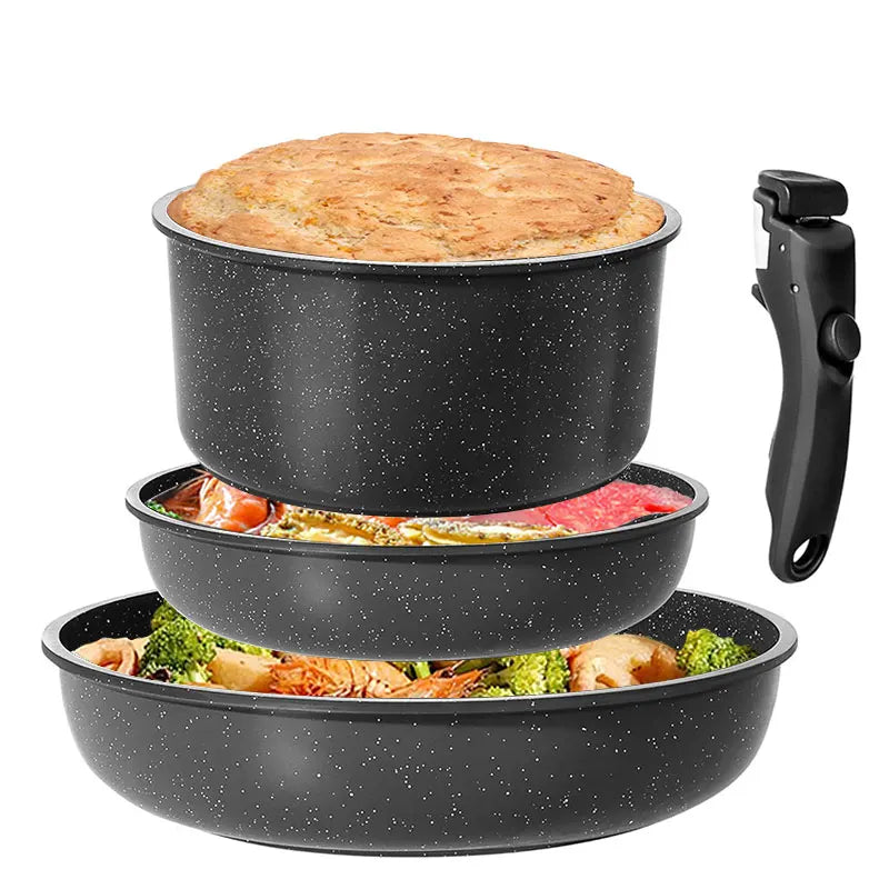 4-Piece Nonstick Cookware Set with Detachable Handle – Carbon Steel Stackable Frying Pans & Saucepan with Ceramic Coating, Best for Meat, Vegetables, and Omelets, Everyday Cooking, Space-Saving Stackable Design, Compatible with All Stovetops