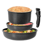 4-Piece Nonstick Cookware Set with Detachable Handle – Carbon Steel Stackable Frying Pans & Saucepan with Ceramic Coating, Best for Meat, Vegetables, and Omelets, Everyday Cooking, Space-Saving Stackable Design, Compatible with All Stovetops