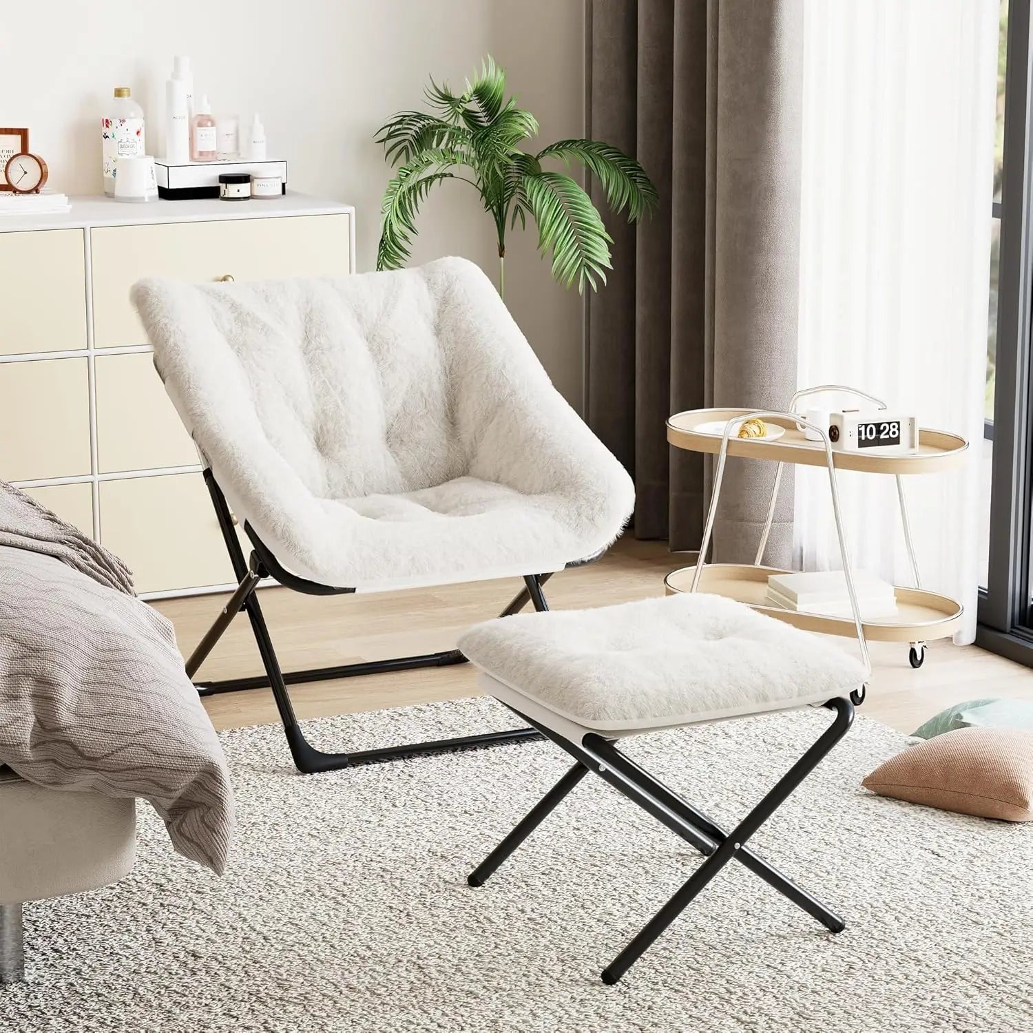 Faux Fur Foldable Lounge Chair with Ottoman | Steel Frame | 5 Colours beige UNITED KINGDOM