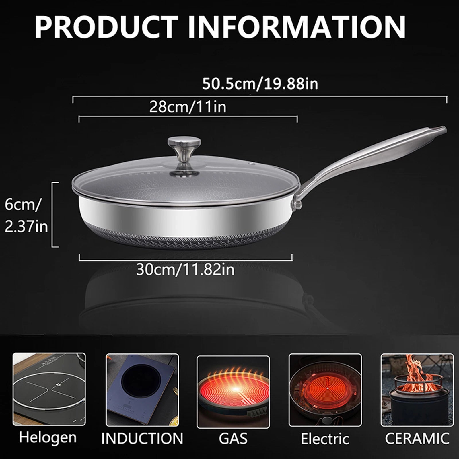 30cm Hybrid Nonstick Frying Pan | 316 Stainless Steel Deep Skillet with Glass Lid | Gas, Electric & Induction Compatible