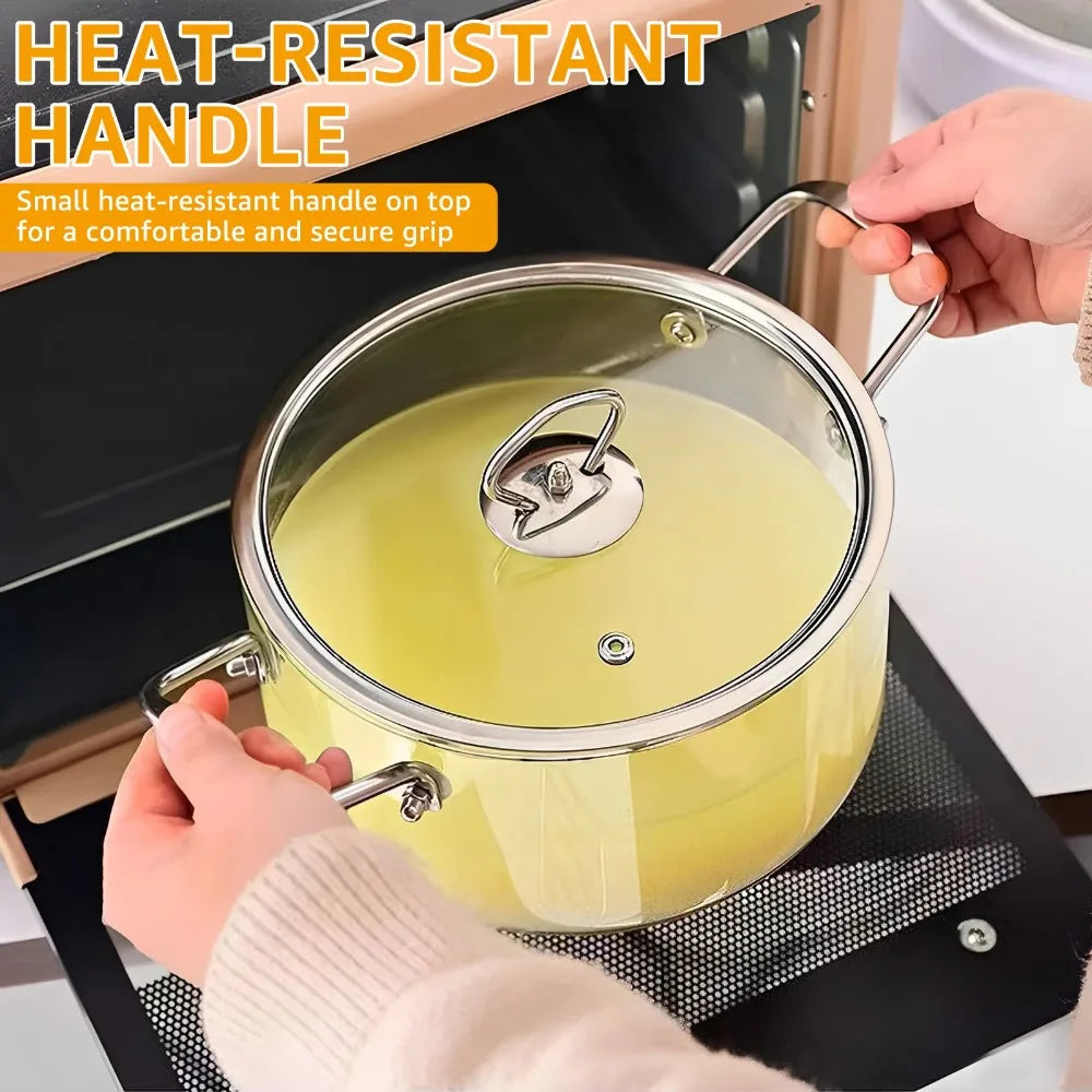 3.5L Transparent Glass Stockpot with Lid – Gold-Toned Stainless Steel Double Handles, Heat-Resistant & See-Through Cooking Pot Ideal for Stews, Soups, Pasta, Milk & More – Safe for Gas & Induction – Available in Gold-Toned or Silver-Toned Handle and Lid