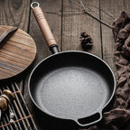Old-Fashioned Pre-Seasoned Cast Iron Pan With Wooden Handle Flat Bottom Camping Skillet Uncoated Non-Stick For Searing Sauteing Stir-Frying