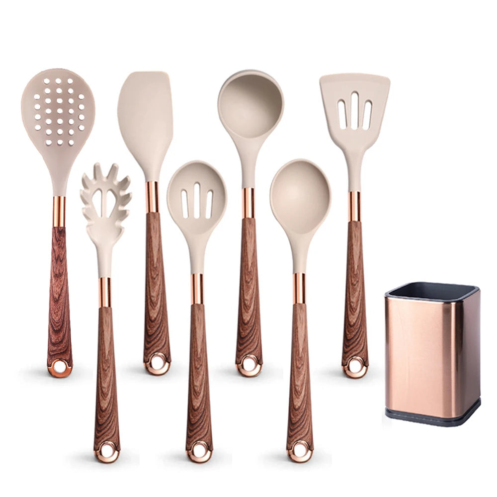 Silicone Cooking Utensils Set with Gold-Plated Handles – Non-Stick Safe, Heat Resistant | Black &amp; Beige | Available in 5, 7, 10 &amp; 12-Piece Sets Beige — 7 Piece with Holder