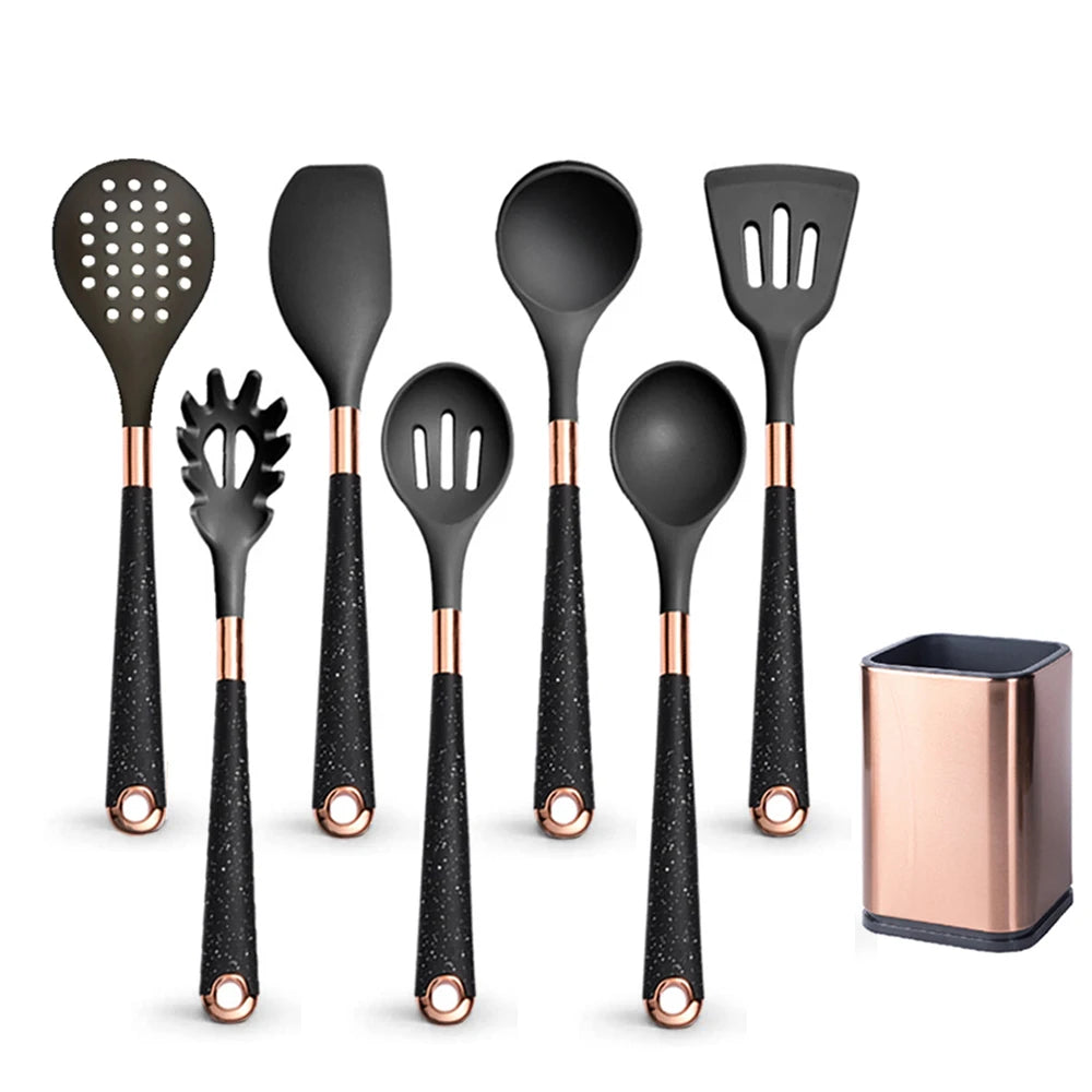 Silicone Cooking Utensils Set with Gold-Plated Handles – Non-Stick Safe, Heat Resistant | Black &amp; Beige | Available in 5, 7, 10 &amp; 12-Piece Sets Black — 7 Piece Set with Holder