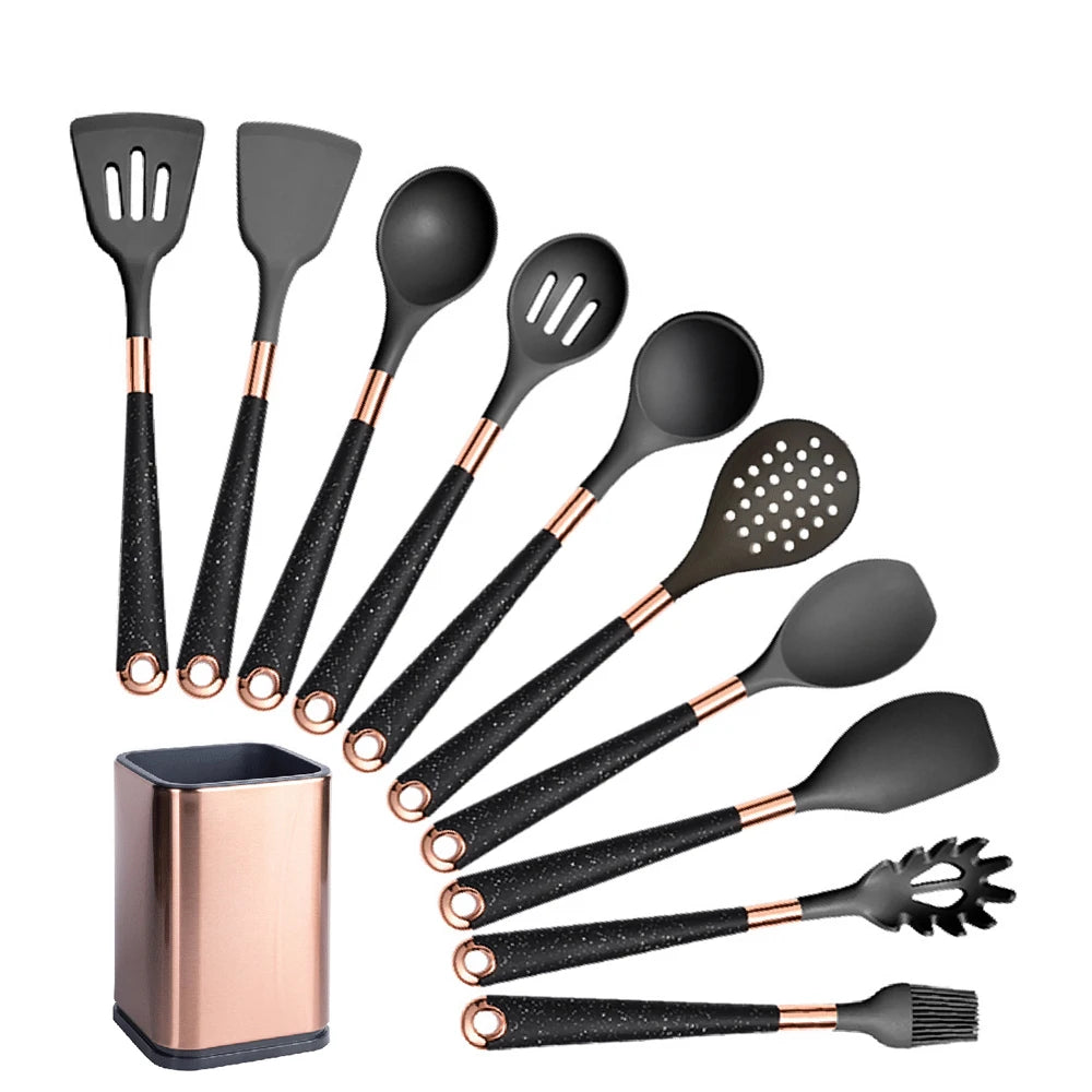 Silicone Cooking Utensils Set with Gold-Plated Handles – Non-Stick Safe, Heat Resistant | Black &amp; Beige | Available in 5, 7, 10 &amp; 12-Piece Sets Black — 10 Piece Set with Holder