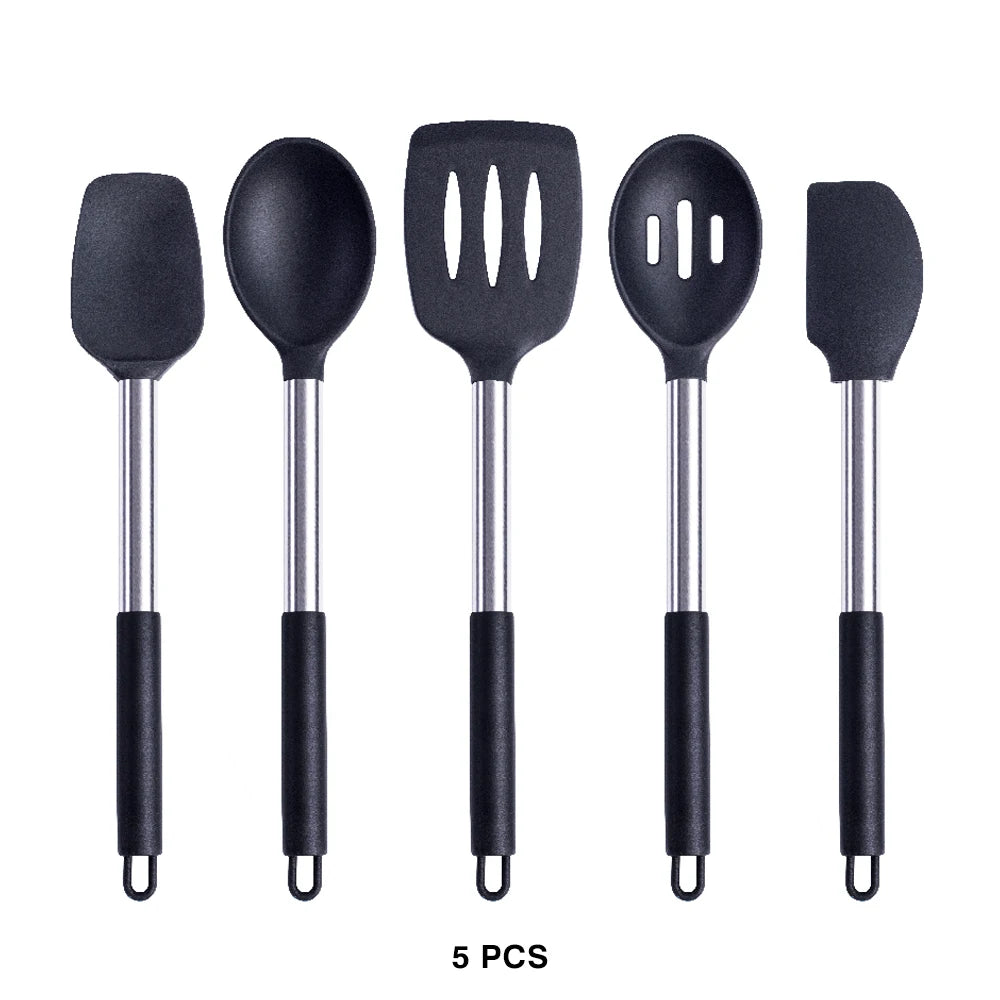 Silicone Kitchen Utensils Set with Stainless Steel Handles – Non-Stick Safe, Heat Resistant | Grey & Black | Available in 5 to 15-Piece Sets Black — 5 Piece Set