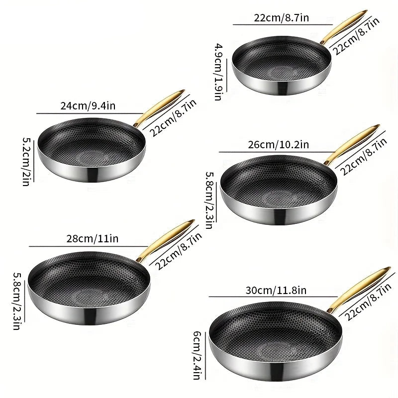Honeycomb Stainless Steel Non-Stick Frying Pan with Golden Handle | 316 Stainless Steel | Induction & Gas Compatible | Ideal for Steak, Eggs, Pancakes, Fish & Stir-Fries | Available in 22cm, 24cm, 26cm, 28cm & 30cm
