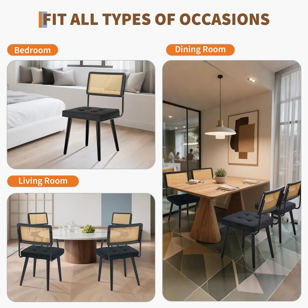 Rattan Back Dining Chair with Velvet Seat | Wooden Legs | 3 Colours