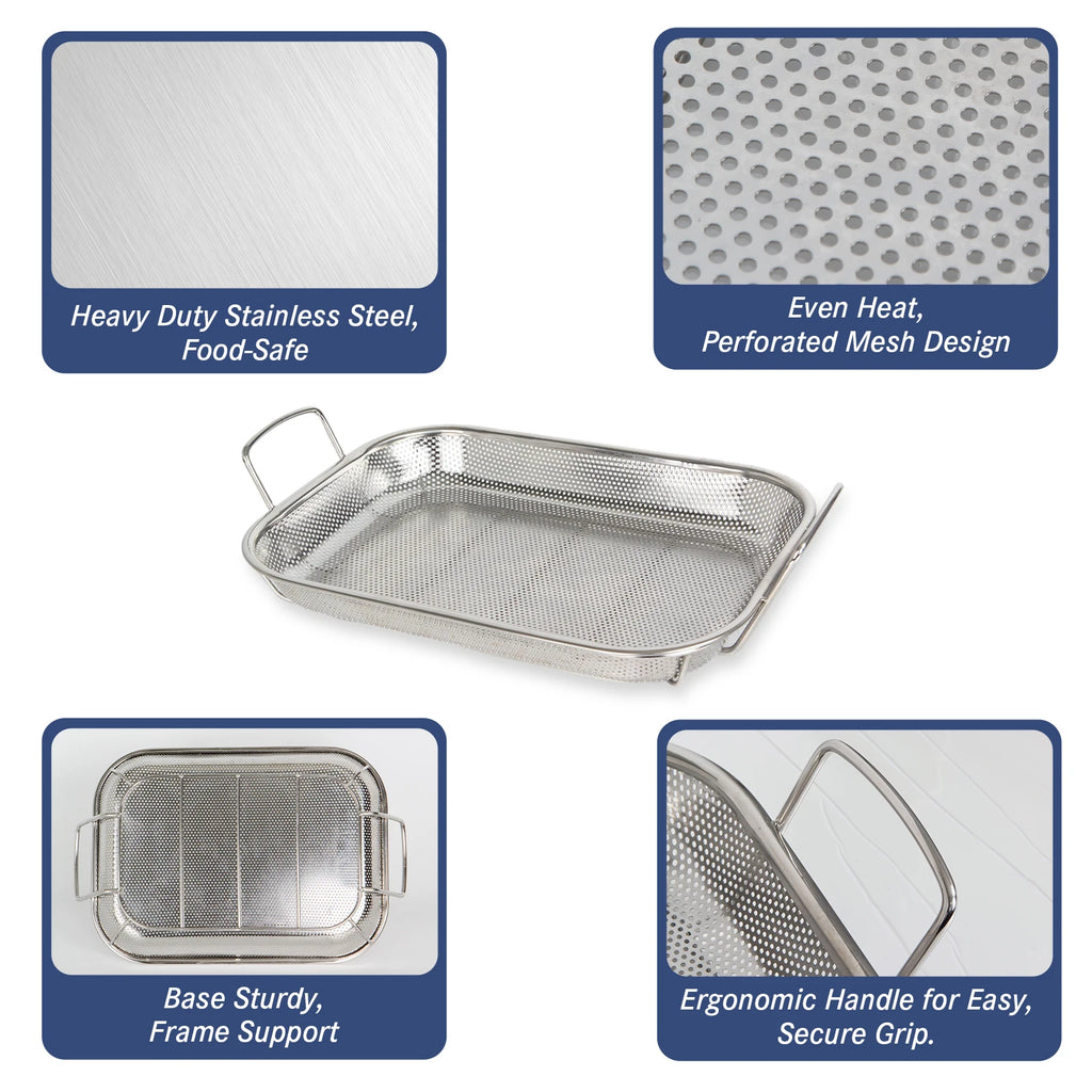 Stainless Steel Perforated BBQ Grill Pan with Micro-Perforated Mesh – Outdoor Roasting & Baking Tray for Steak, Meat, Vegetables & Seafood, Rust-Resistant BBQ Roasting Tray with Even Heat Distribution