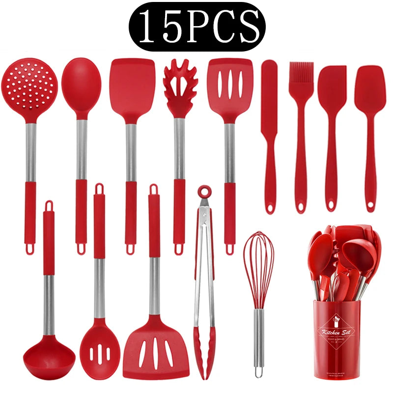Silicone Kitchen Utensils Set with Stainless Steel Handles – Non-Stick, Heat-Resistant Cooking Utensils for Everyday Cooking & Baking, Available in 4 Colours & Multiple Set Sizes 15-Piece Red