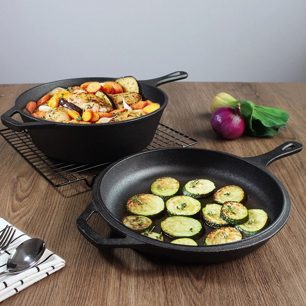Heavy-Duty 2-in-1 Cast Iron Combo – Pre-Seasoned 10-Inch Dutch Oven (3 Quart Capacity) with Reversible Frying Pan Lid, Multi-Purpose Cookware for Bread, Roasting & Everyday Cooking