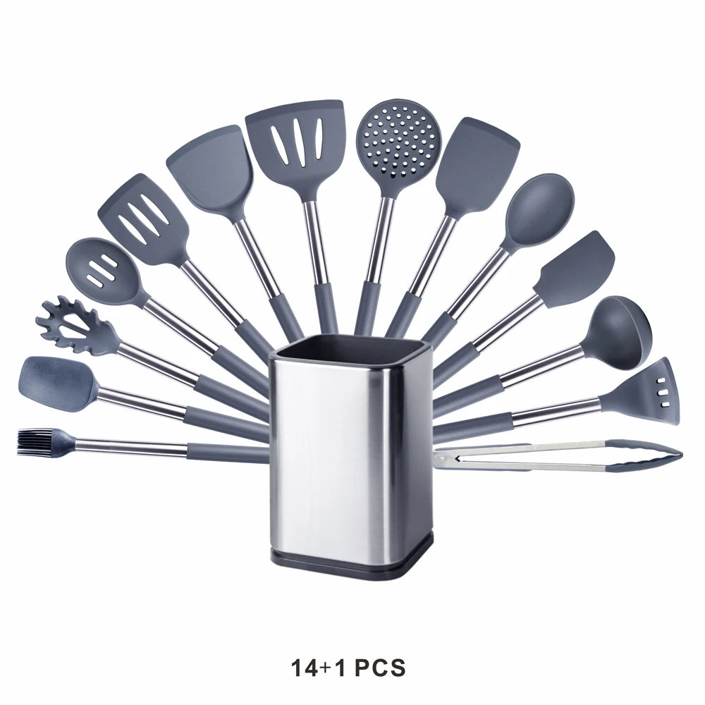 Silicone Kitchen Utensils Set with Stainless Steel Handles – Non-Stick Safe, Heat Resistant | Grey & Black | Available in 5 to 15-Piece Sets Grey — 14 Piece Set with Holder