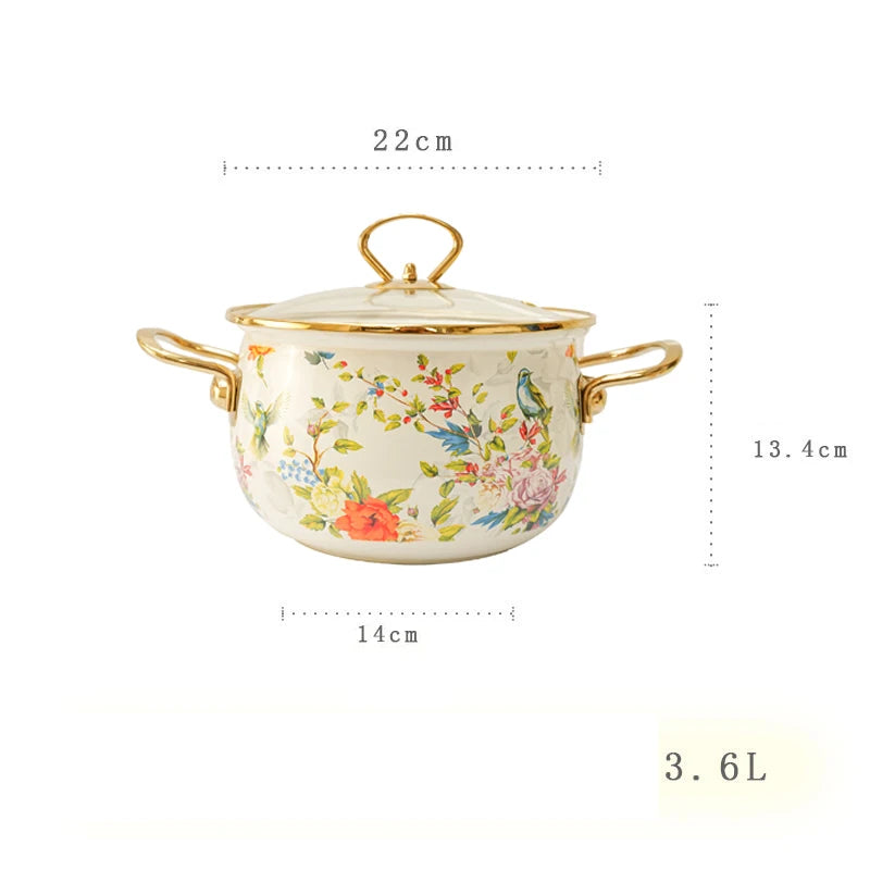 Retro Floral Enamel Soup Pot with Lid | Gas & Induction | 4 Designs | 2L–5.5L 3.6L