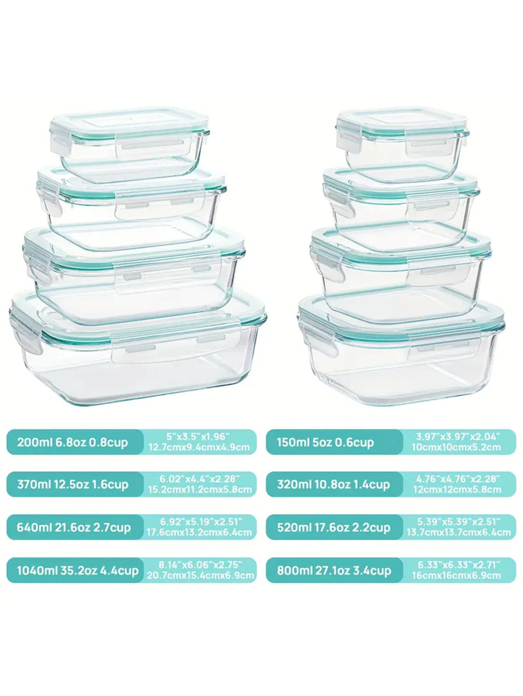 8-Piece Glass Food Storage Container Set with Lids – Microwave, Dishwasher & Fridge Safe, Meal Prep Rectangular Lunch Boxes