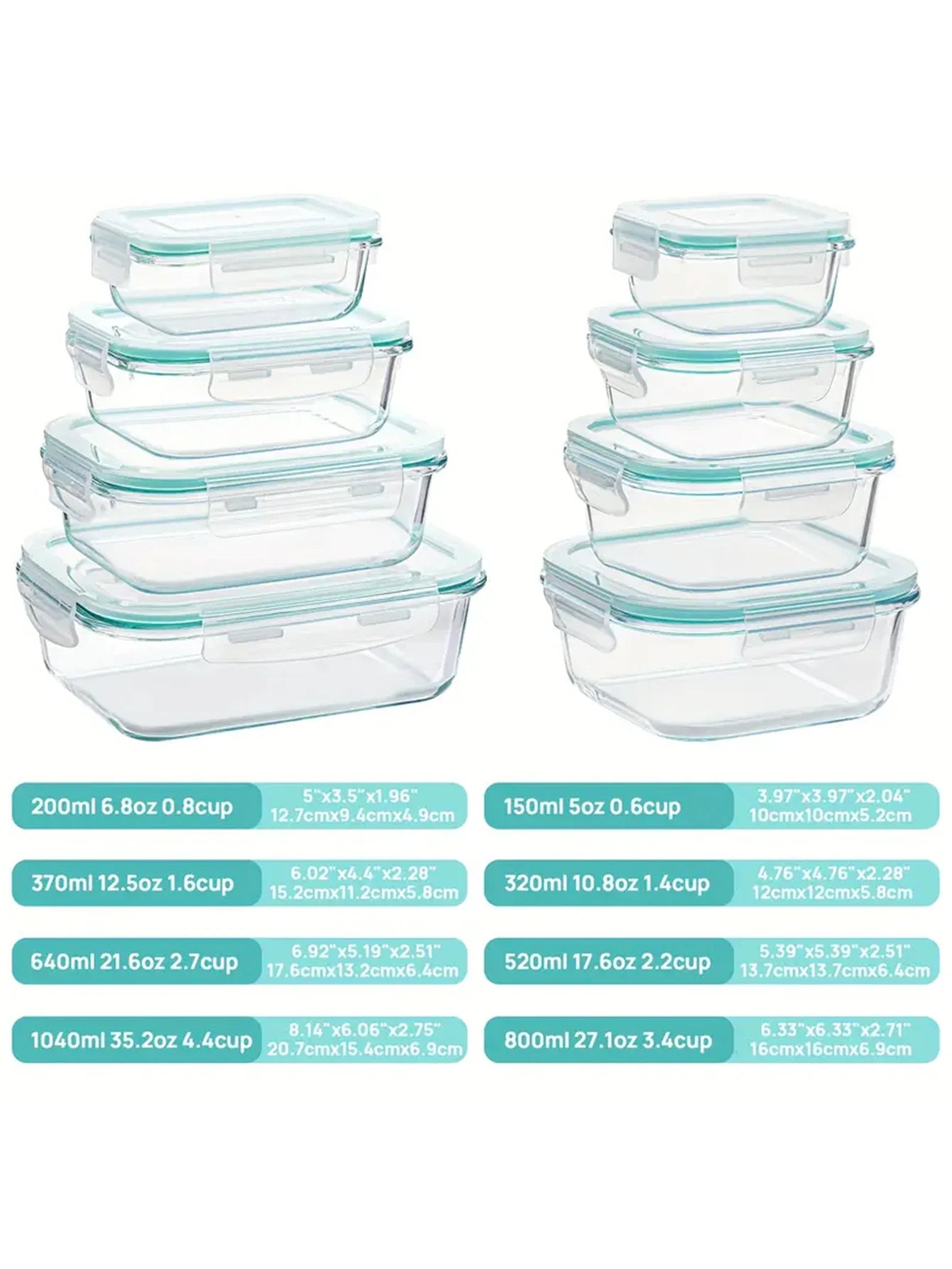 8-Piece Glass Food Storage Container Set with Lids – Microwave, Dishwasher & Fridge Safe, Meal Prep Rectangular Lunch Boxes
