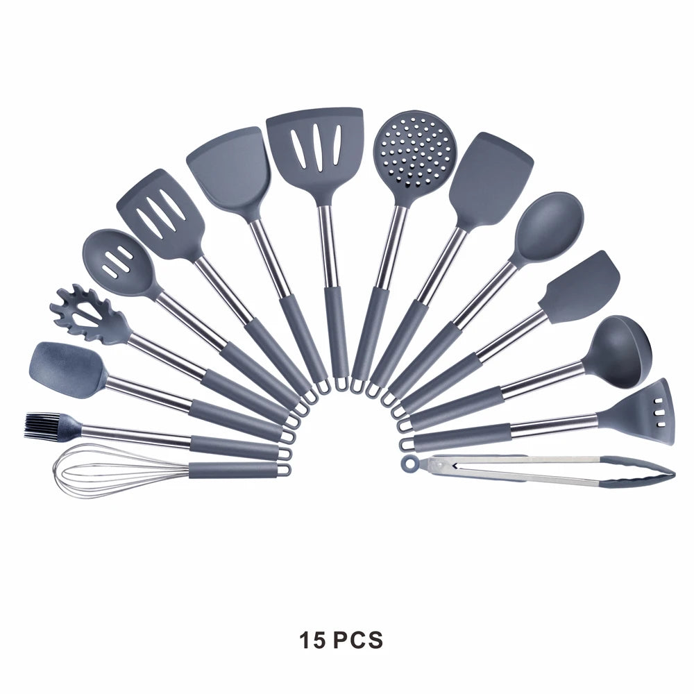 Silicone Kitchen Utensils Set with Stainless Steel Handles – Non-Stick Safe, Heat Resistant | Grey & Black | Available in 5 to 15-Piece Sets Grey — 15 Piece Set