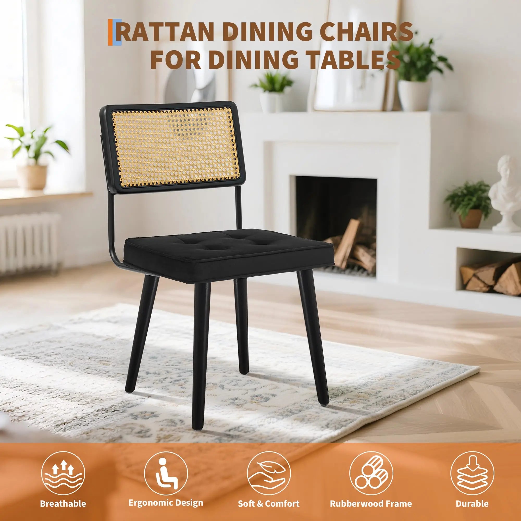 Rattan Back Dining Chair with Velvet Seat | Wooden Legs | 3 Colours