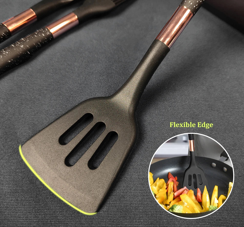 Silicone Cooking Utensils Set with Gold-Plated Handles – Non-Stick Safe, Heat Resistant | Black &amp; Beige | Available in 5, 7, 10 &amp; 12-Piece Sets