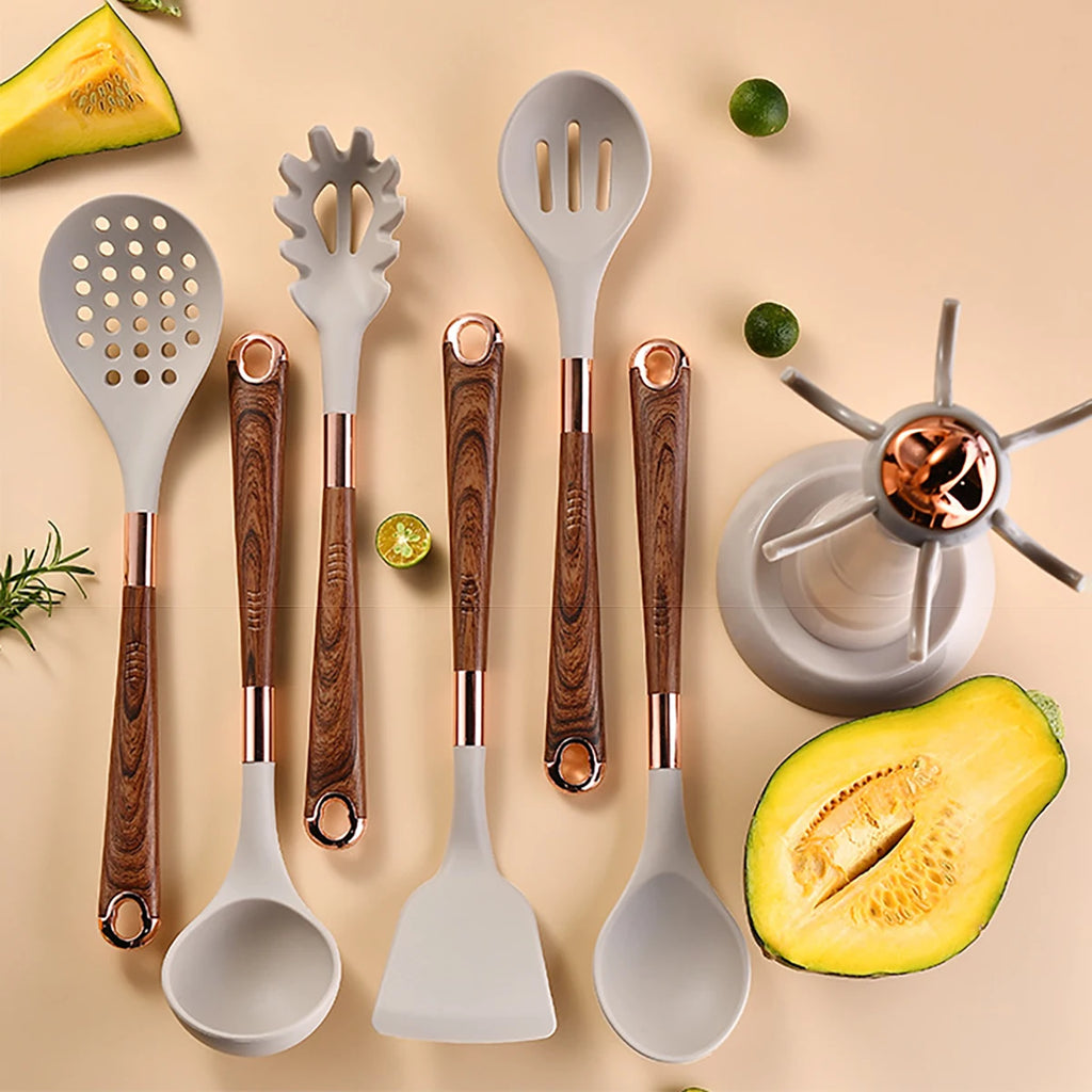 7-Piece Silicone Kitchen Utensil Set – Rose Gold Accents with Wood-Pattern Handles, Heat-Resistant for Non-Stick Cookware 7-Piece Silicone Kitchen Utensil Set