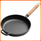 Old-Fashioned Pre-Seasoned Cast Iron Pan With Wooden Handle Flat Bottom Camping Skillet Uncoated Non-Stick For Searing Sauteing Stir-Frying