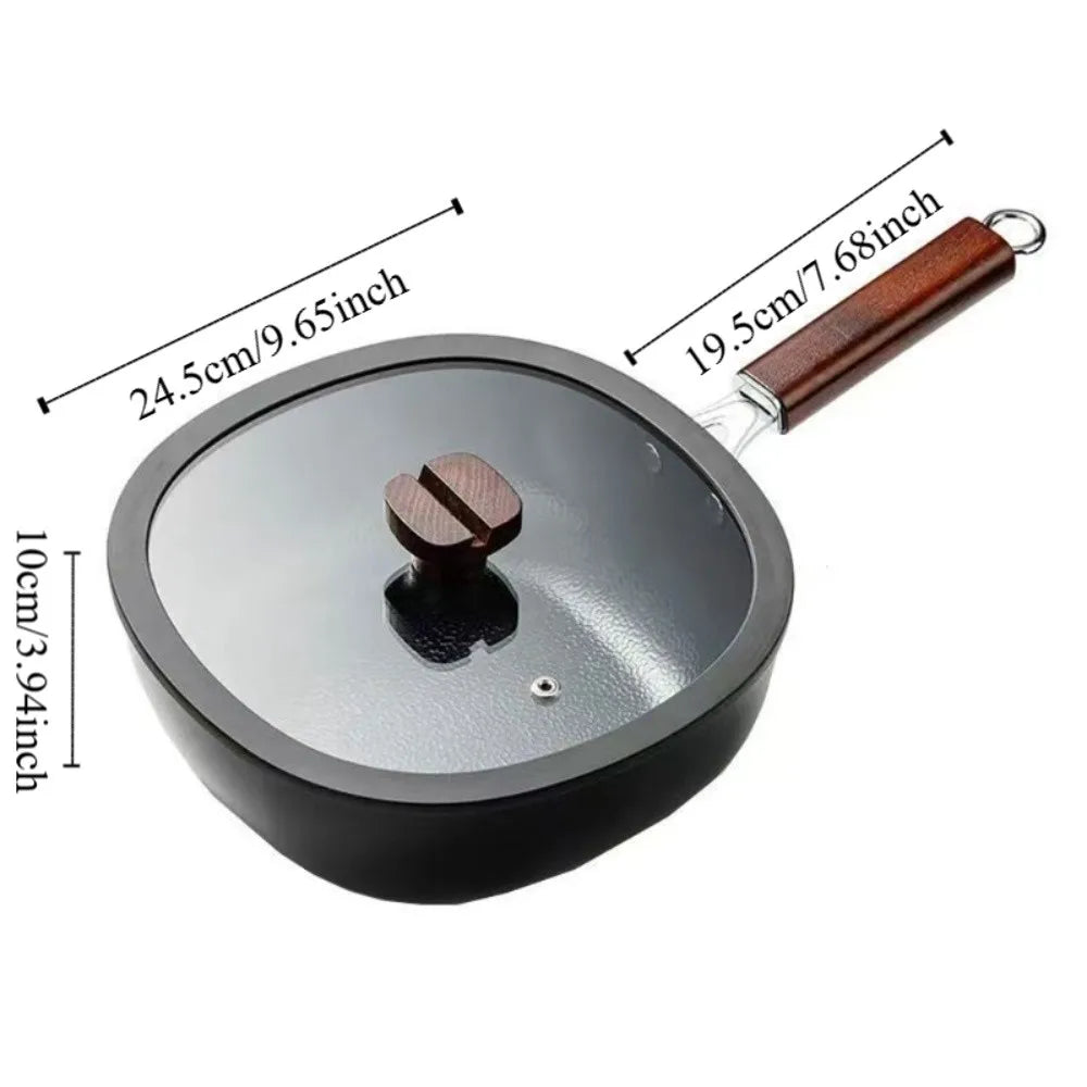 24cm Refined Iron Square Deep Skillet with Glass Lid & Wooden Handle – No Coating, Flat Bottom, Deep Wok-Style Stir Fry Pan, Great Cookware for Frying, Boiling, and Stir-Frying