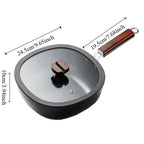 24cm Refined Iron Square Deep Skillet with Glass Lid & Wooden Handle – No Coating, Flat Bottom, Deep Wok-Style Stir Fry Pan, Great Cookware for Frying, Boiling, and Stir-Frying