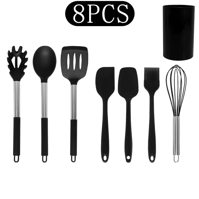 Silicone Kitchen Utensils Set with Stainless Steel Handles – Non-Stick, Heat-Resistant Cooking Utensils for Everyday Cooking & Baking, Available in 4 Colours & Multiple Set Sizes 8-Piece Black