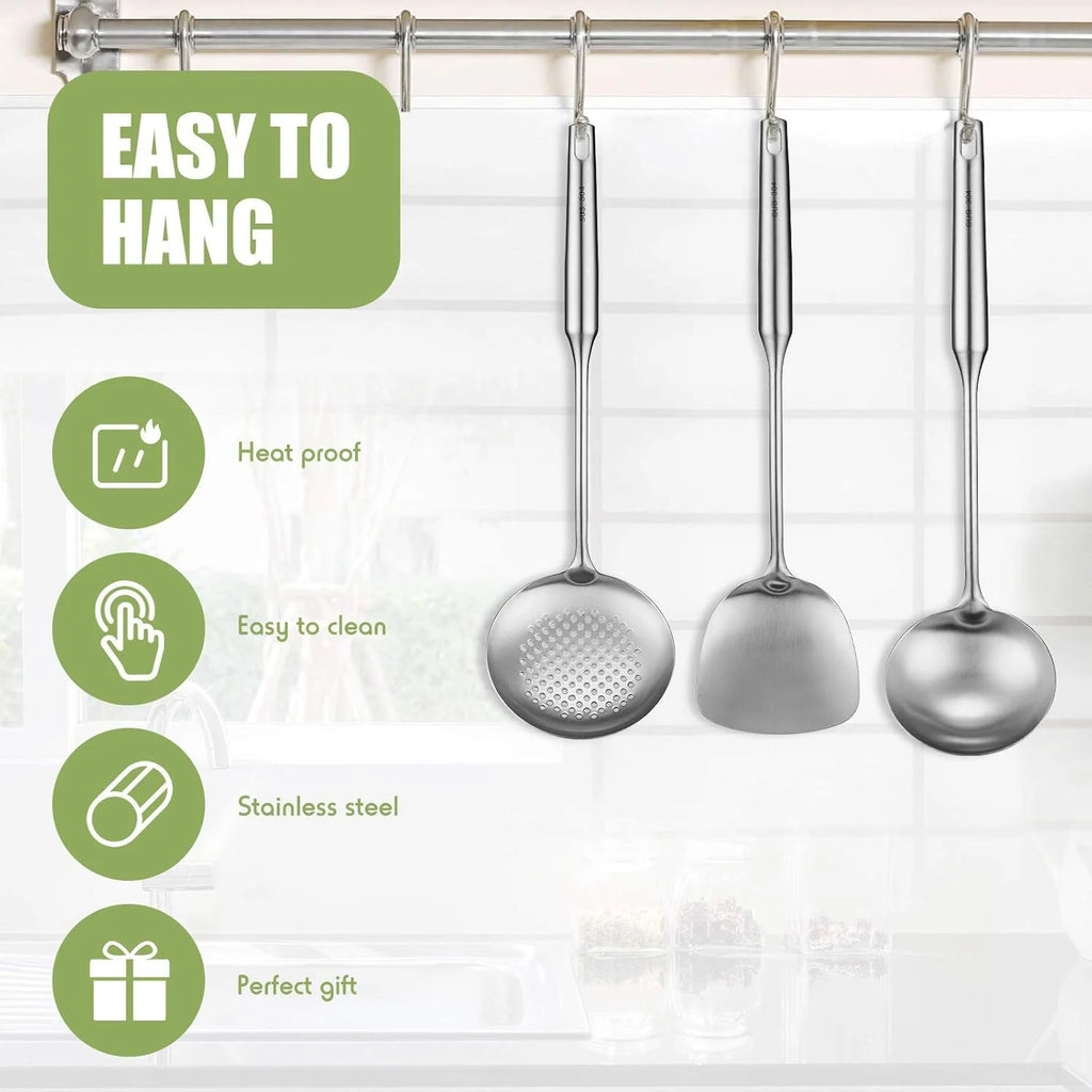 Stainless Steel Kitchen Utensils Set – Includes Wok Spatula (Turner) & Skimmer, Ladle, Heat-Resistant for Everyday Cooking Convenience