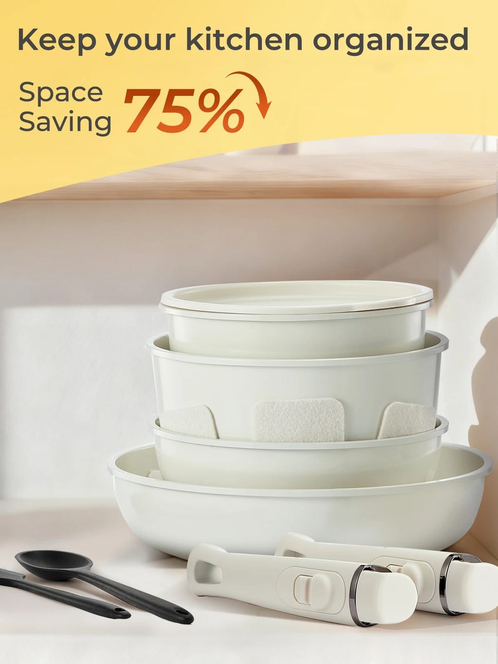 17-Piece Ceramic Non-Stick Cookware Set with Detachable Handles, Glass Lids, Plastic Storage Lids, Cooking Utensils & Pan Protectors, Die-Cast Aluminum Stackable Pots and Pans Set, Induction Compatible Frying Pans, Saucepans & Deep Frying Pan