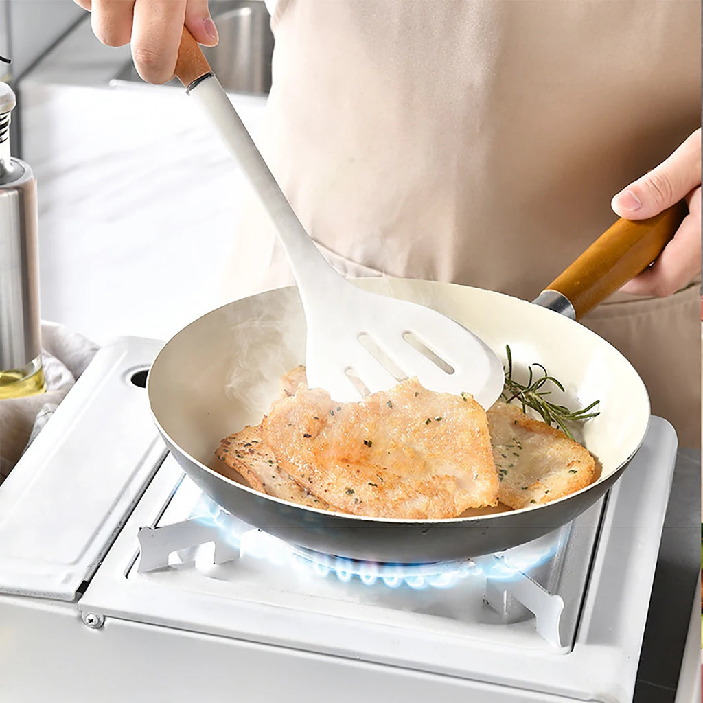 8-Piece Silicone Kitchen Utensils Set with Wooden Handles – Non-Stick Safe | Cream, White & Green