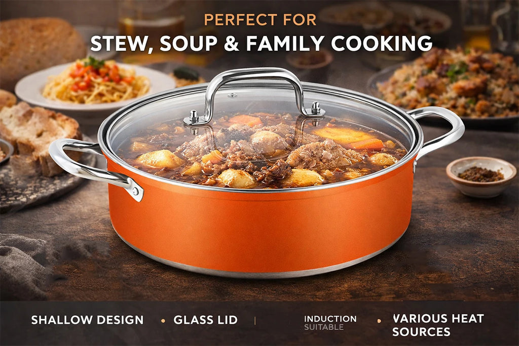 28cm Stainless Steel Stew Pot with Glass Lid – Induction Compatible, Suitable for Gas & Induction, Great for Soups, Stews, and Everyday Cooking