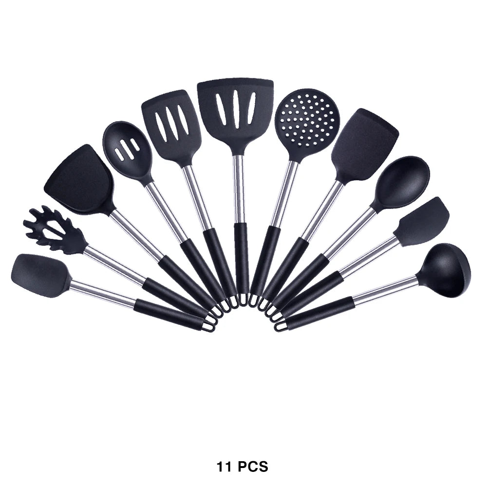 Silicone Kitchen Utensils Set with Stainless Steel Handles – Non-Stick Safe, Heat Resistant | Grey & Black | Available in 5 to 15-Piece Sets Black — 11 Piece Set