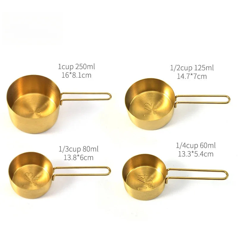 Golden Stainless Steel Measuring Cups & Spoons Set – Stackable Kitchen Baking Tools, Available as 4 Cups, 5 Spoons or 9-Piece Set