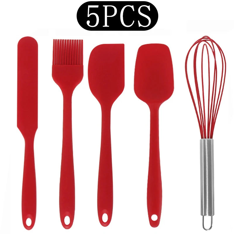 Silicone Kitchen Utensils Set with Stainless Steel Handles – Non-Stick, Heat-Resistant Cooking Utensils for Everyday Cooking & Baking, Available in 4 Colours & Multiple Set Sizes 5-PieceRed