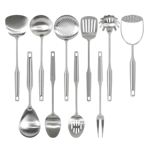 11-piece Stainless Steel Kitchen Utensils Set – 304 Stainless Steel Cooking Utensil Set, Includes Ladle, Whisk, Solid/Slotted Spoon, Spatula, Skimmer, Turner, Pasta Server & More, Heat-Resistant & Dishwasher Safe