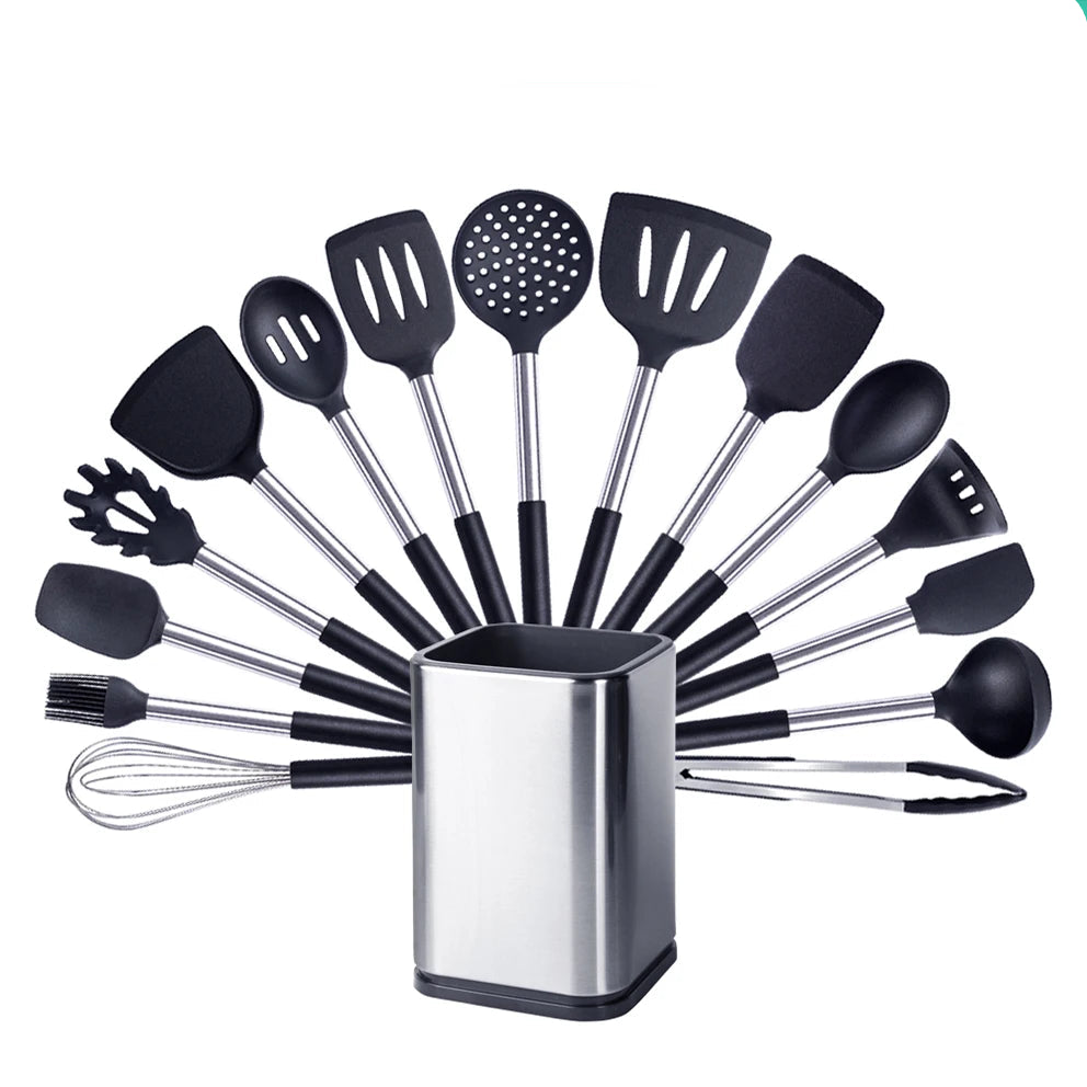 Silicone Kitchen Utensils Set with Stainless Steel Handles – Non-Stick Safe, Heat Resistant | Grey & Black | Available in 5 to 15-Piece Sets