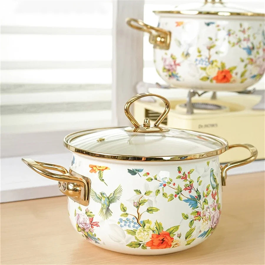 Retro Floral Enamel Soup Pot with Lid | Gas & Induction | 4 Designs | 2L–5.5L