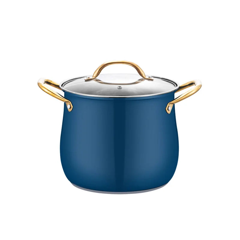 Stainless Steel Soup Pot with Glass Lid & Gold Handles – Thickened Base, Induction Compatible, Great for Soups, Stews, and Everyday Cooking Blue