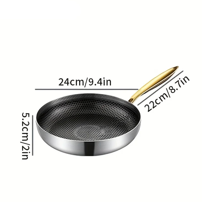 Honeycomb Stainless Steel Non-Stick Frying Pan with Golden Handle | 316 Stainless Steel | Induction & Gas Compatible | Ideal for Steak, Eggs, Pancakes, Fish & Stir-Fries | Available in 22cm, 24cm, 26cm, 28cm & 30cm 24cm