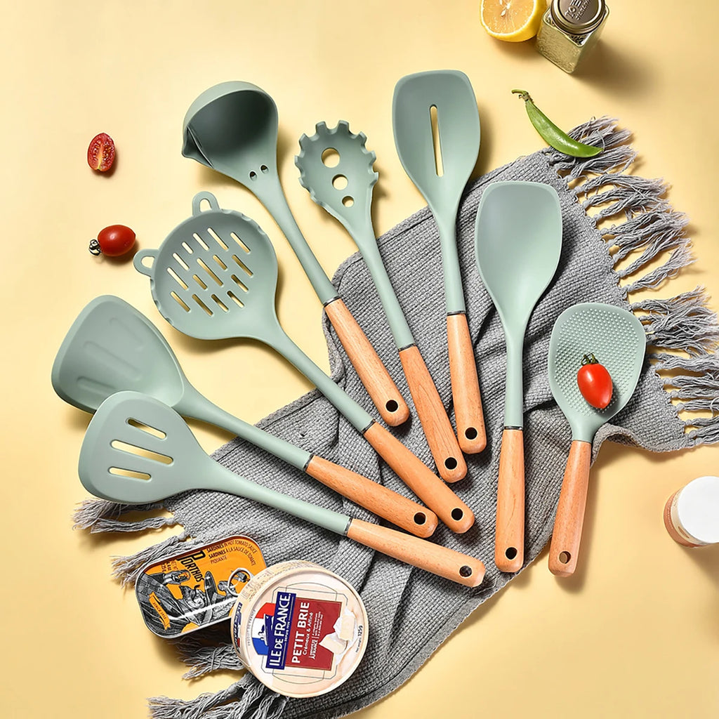 8-Piece Silicone Kitchen Utensils Set with Wooden Handles – Non-Stick Safe | Cream, White & Green
