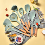 8-Piece Silicone Kitchen Utensils Set with Wooden Handles – Non-Stick Safe | Cream, White & Green