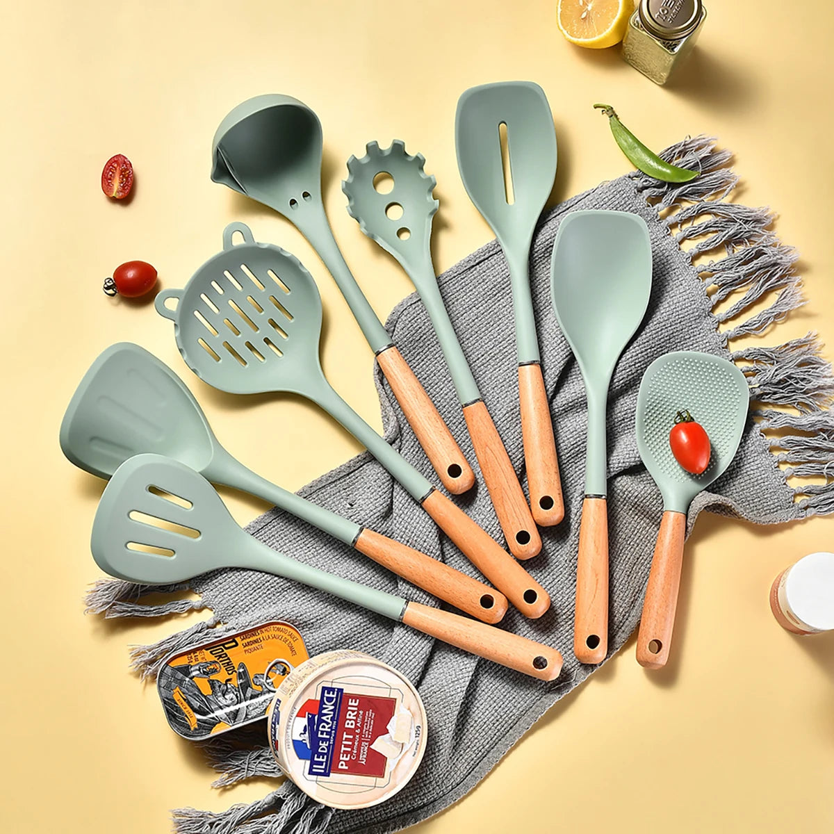 8-Piece Silicone Kitchen Utensils Set with Wooden Handles – Non-Stick Safe | Cream, White & Green