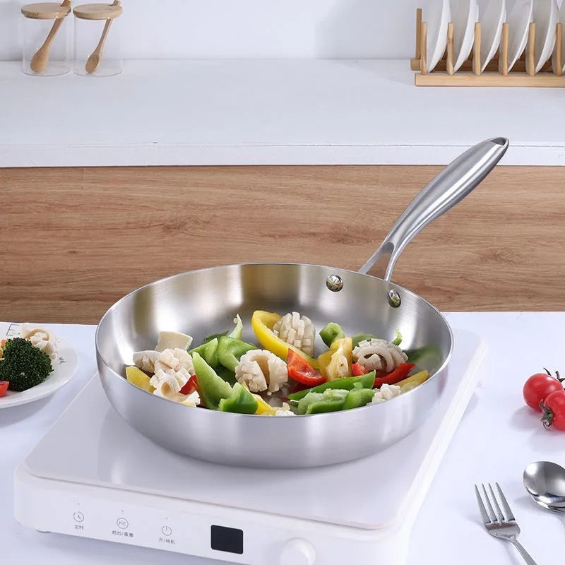 Stainless Steel Uncoated Skillets with Ergonomic Long Handles Suitable for Searing and Sauteing Available in 24cm, 26cm, 28cm & 30cm