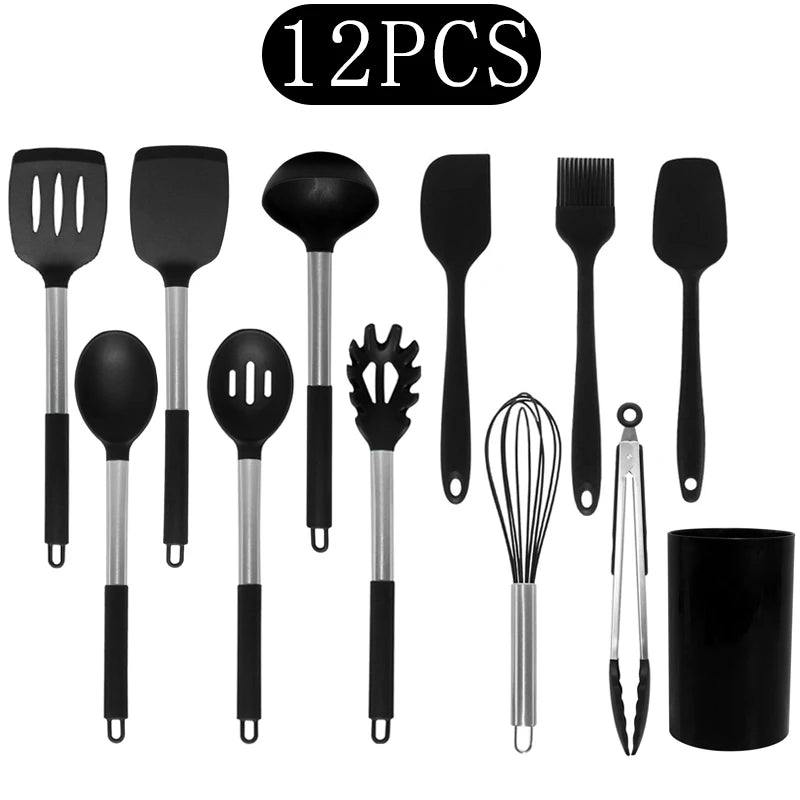 Silicone Kitchen Utensils Set with Stainless Steel Handles – Non-Stick, Heat-Resistant Cooking Utensils for Everyday Cooking & Baking, Available in 4 Colours & Multiple Set Sizes 12-Piece Black