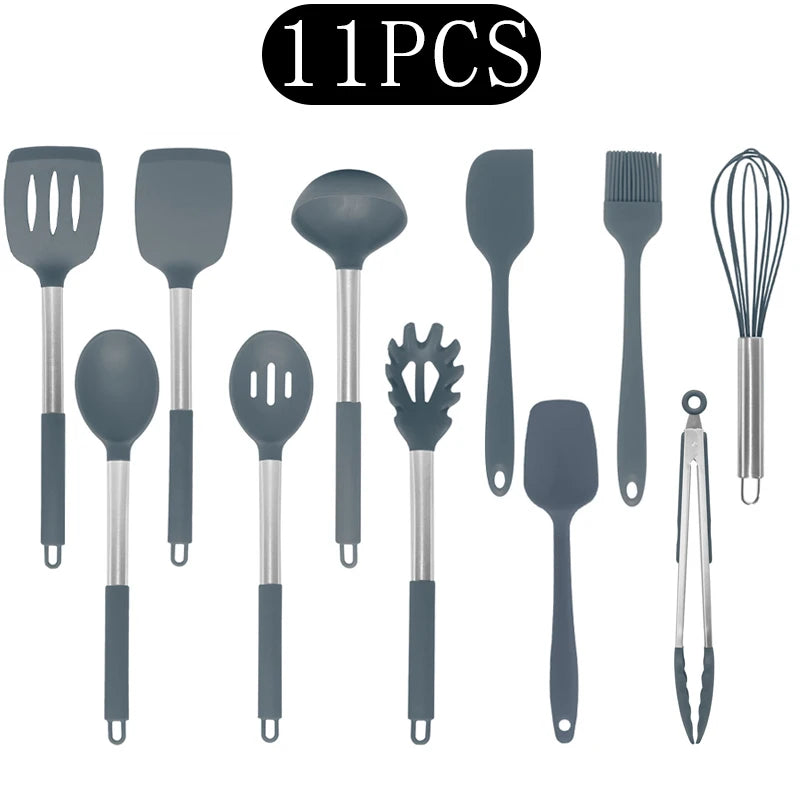 Silicone Kitchen Utensils Set with Stainless Steel Handles – Non-Stick, Heat-Resistant Cooking Utensils for Everyday Cooking & Baking, Available in 4 Colours & Multiple Set Sizes 11-Piece Grey